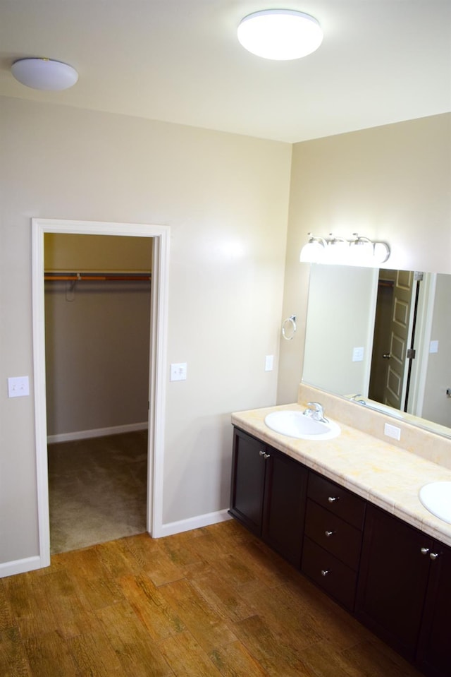 bathroom with vanity and hardwood / wood-style flooring