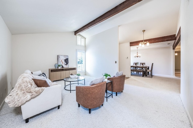 carpeted living room with vaulted ceiling with beams and a notable chandelier