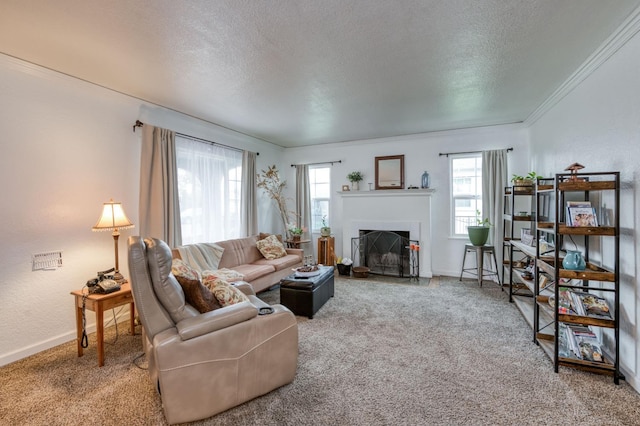 carpeted living room with a textured ceiling and crown molding