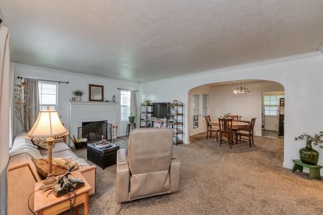 living room featuring a textured ceiling, a wealth of natural light, carpet flooring, and crown molding