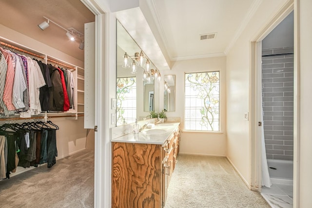 bathroom with a shower, vanity, and ornamental molding