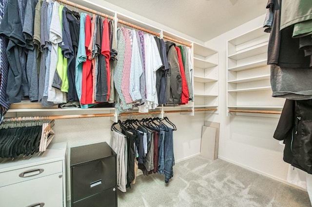 walk in closet featuring light carpet