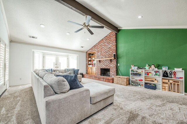 living room with ceiling fan, light colored carpet, a fireplace, a textured ceiling, and french doors