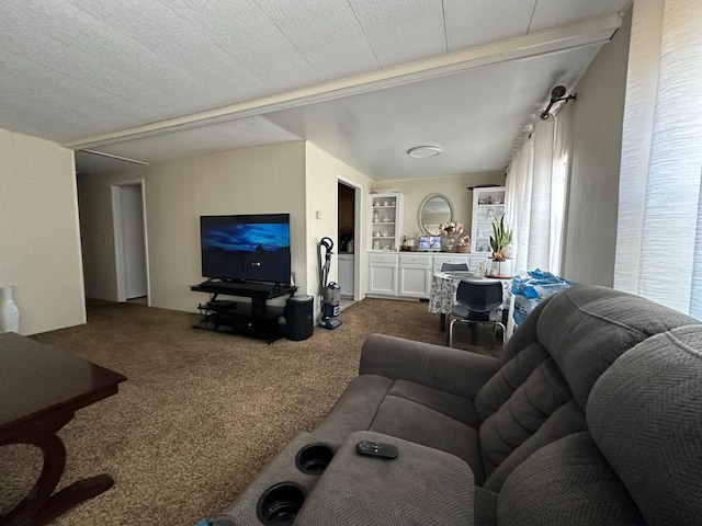 carpeted living room featuring built in features and a textured ceiling