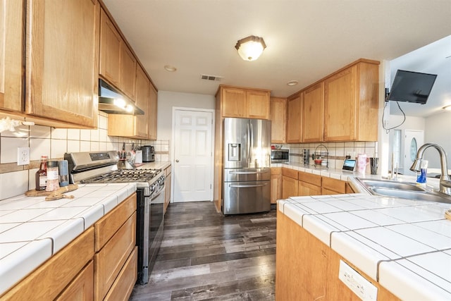 kitchen with sink, dark wood-type flooring, tile countertops, decorative backsplash, and appliances with stainless steel finishes