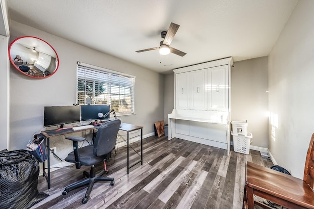 office space with dark hardwood / wood-style floors and ceiling fan