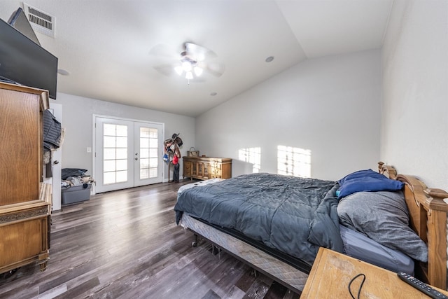 bedroom with french doors, dark hardwood / wood-style flooring, ceiling fan, and lofted ceiling