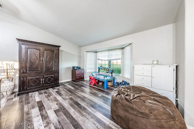 sitting room featuring wood-type flooring and vaulted ceiling