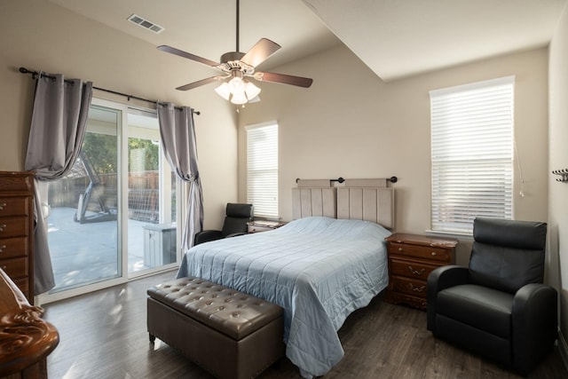 bedroom with multiple windows, access to outside, ceiling fan, and lofted ceiling