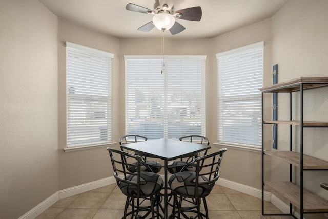 tiled dining room with ceiling fan and a healthy amount of sunlight