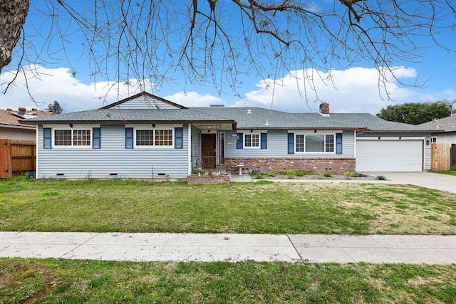 single story home with a front yard and a garage