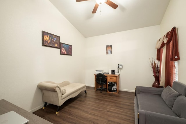 office featuring lofted ceiling, ceiling fan, and dark wood-type flooring