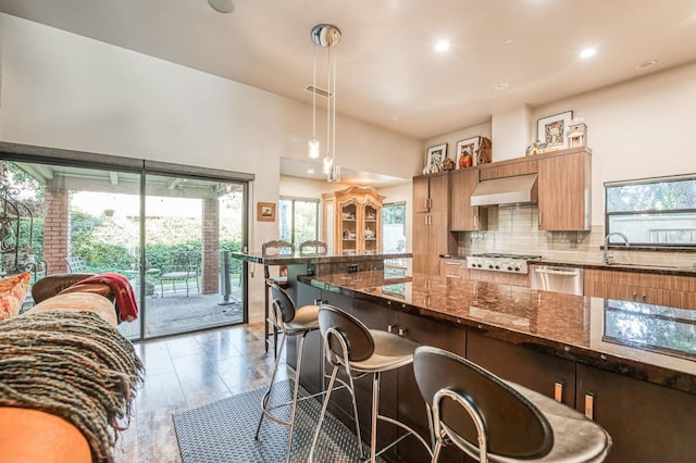 kitchen with sink, stainless steel appliances, premium range hood, dark stone counters, and decorative light fixtures