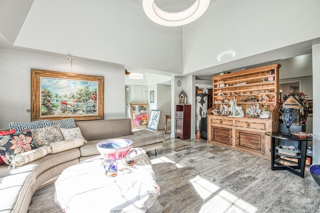 living area with a high ceiling