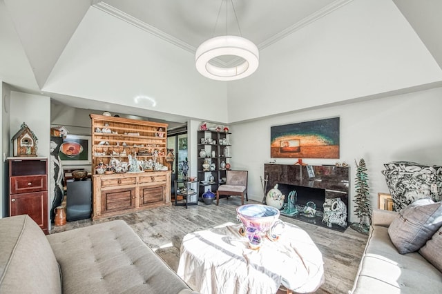 living area featuring ornamental molding, a high ceiling, wood finished floors, and a fireplace
