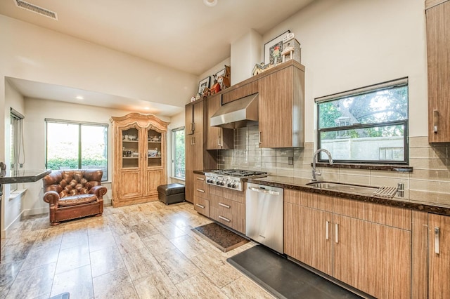 kitchen featuring backsplash, dark stone counters, ventilation hood, sink, and stainless steel appliances