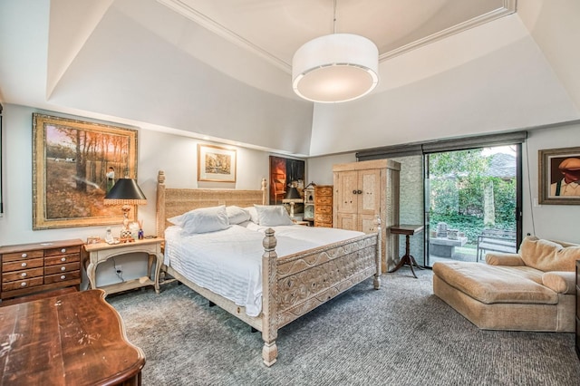 bedroom with a high ceiling, a raised ceiling, crown molding, access to outside, and dark carpet