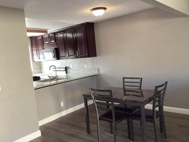 kitchen with light stone countertops, sink, and dark hardwood / wood-style flooring