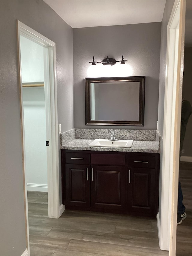 bathroom with hardwood / wood-style flooring and vanity