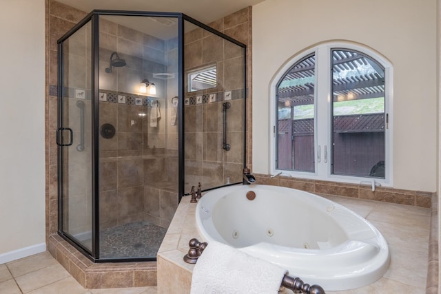 41925 Longhollow Dr, Coarsegold, CA 93614 - bathroom with tile patterned floors, a tub with jets, and a shower stall
