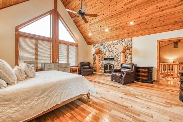 12755 Rusty Spur Ln, Clovis, CA 93619 - bedroom with high vaulted ceiling, wood-type flooring, wooden ceiling, and a ceiling fan