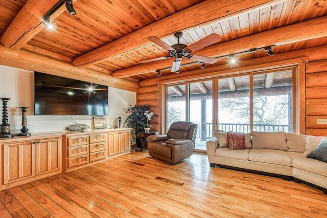 living room with track lighting, rustic walls, wood ceiling, and light hardwood / wood-style flooring