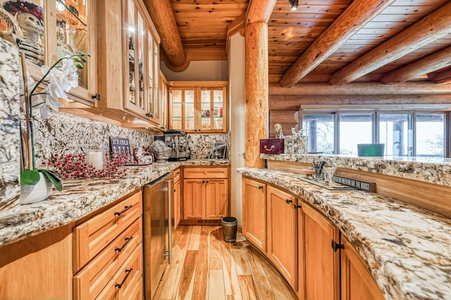 12755 Rusty Spur Ln, Clovis, CA 93619 - kitchen featuring light wood-type flooring, rustic walls, wine cooler, wood ceiling, and tasteful backsplash