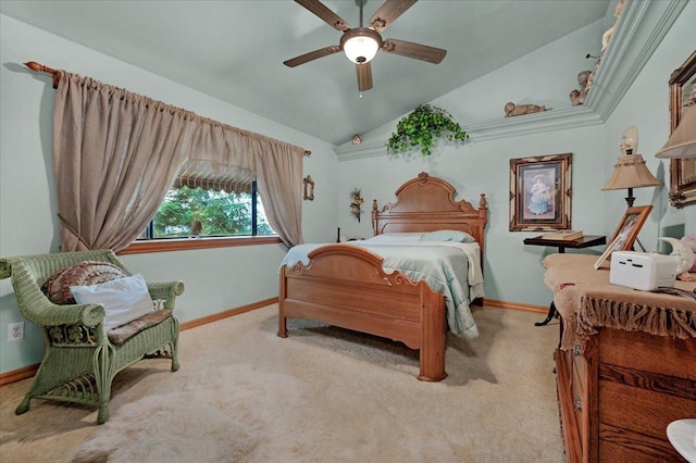 carpeted bedroom featuring ceiling fan and lofted ceiling