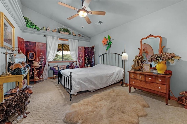 carpeted bedroom featuring ceiling fan and lofted ceiling