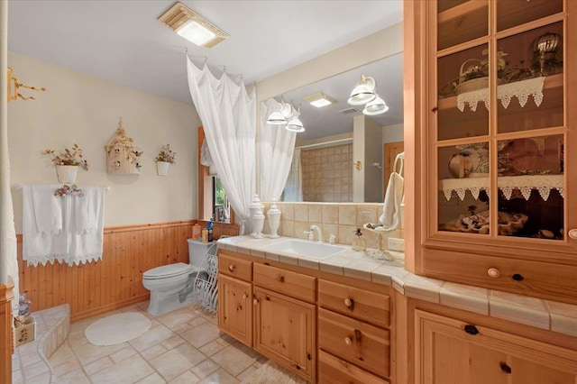 bathroom featuring wooden walls, vanity, and toilet