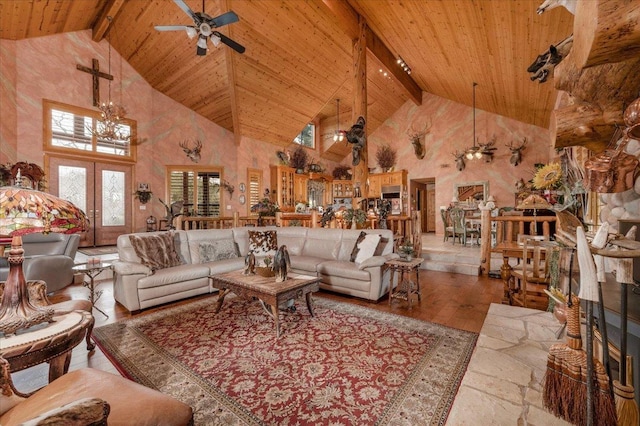 living room with beamed ceiling, french doors, high vaulted ceiling, and ceiling fan