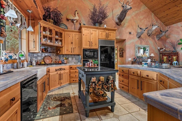 kitchen featuring wine cooler, built in appliances, tasteful backsplash, light tile patterned flooring, and wood ceiling