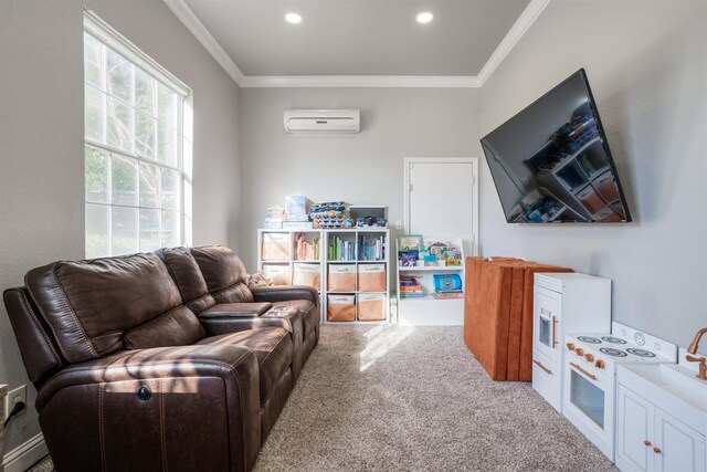 carpeted living room featuring a wall mounted AC and crown molding