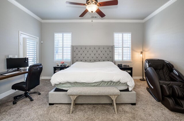 bedroom featuring light colored carpet, ceiling fan, and ornamental molding