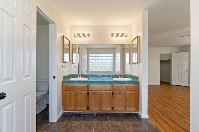 bathroom featuring vanity, hardwood / wood-style flooring, and toilet