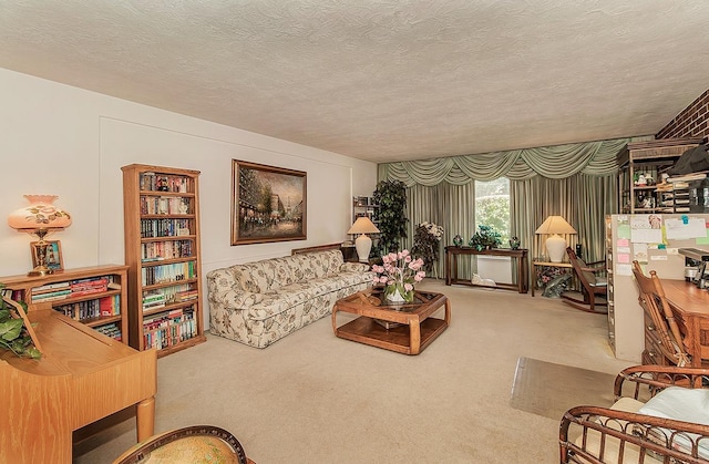 living room featuring carpet flooring and a textured ceiling