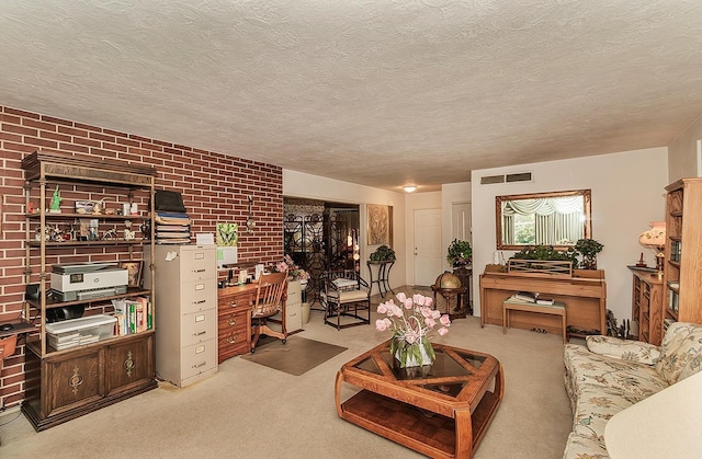 carpeted living room featuring a textured ceiling