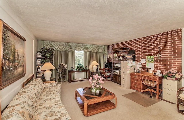 living room featuring a textured ceiling and light colored carpet