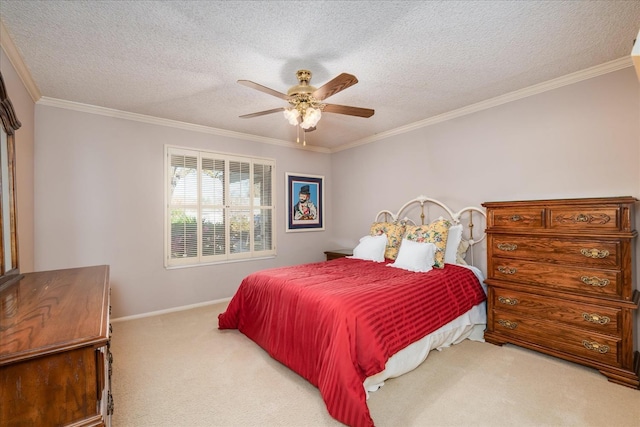 bedroom featuring ceiling fan, light carpet, a textured ceiling, and ornamental molding