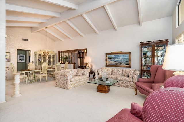 carpeted living room featuring beamed ceiling, high vaulted ceiling, and an inviting chandelier