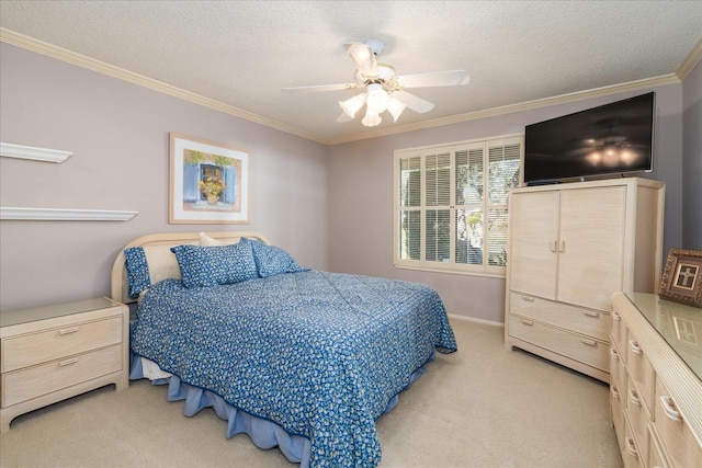 bedroom featuring ceiling fan, ornamental molding, a textured ceiling, and light carpet