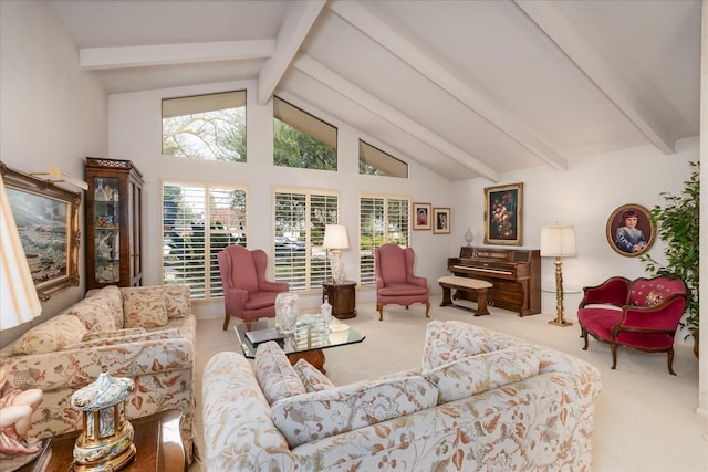 carpeted living room with beam ceiling and high vaulted ceiling