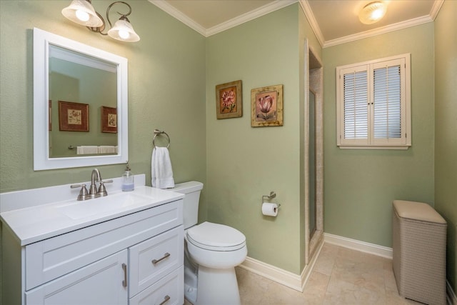 bathroom with walk in shower, toilet, vanity, and ornamental molding