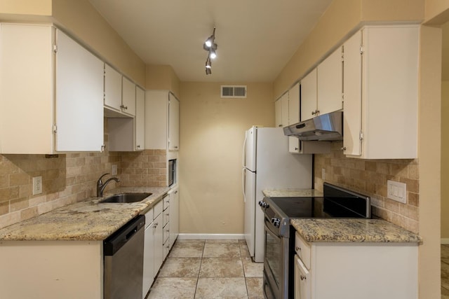 kitchen featuring white cabinets, stainless steel dishwasher, electric range, and light stone counters