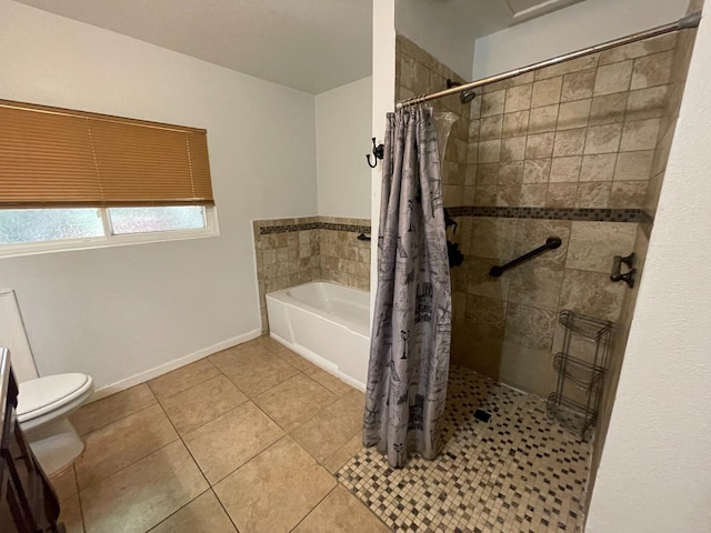 bathroom with tile patterned floors, independent shower and bath, and toilet