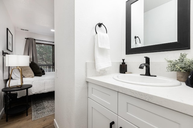 bathroom with wood-type flooring and vanity