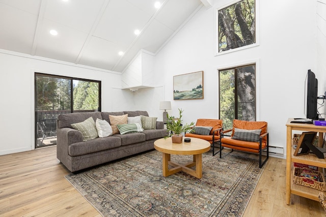 living room featuring beam ceiling, light wood-type flooring, and high vaulted ceiling