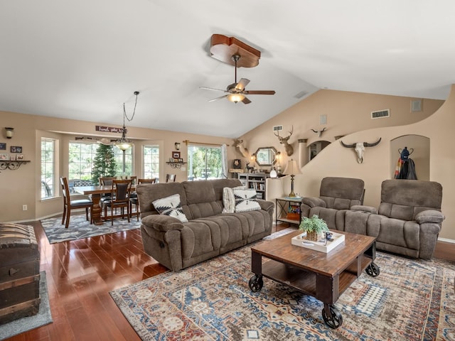 28899 Limestone Way, Coarsegold, CA 93614 - living area with dark wood-style floors, lofted ceiling, ceiling fan, and baseboards