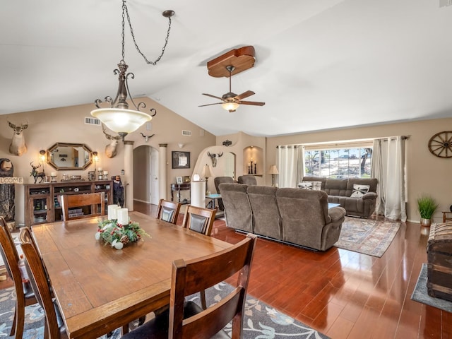28899 Limestone Way, Coarsegold, CA 93614 - dining area with arched walkways, lofted ceiling, wood finished floors, and ceiling fan