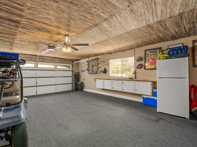 28899 Limestone Way, Coarsegold, CA 93614 - garage featuring freestanding refrigerator, a ceiling fan, and wooden ceiling